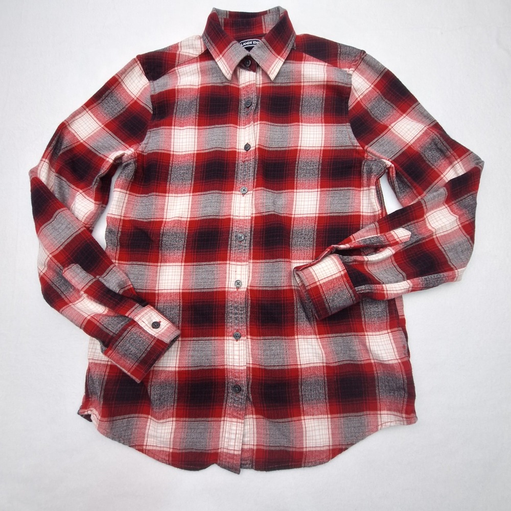 Lands End Flannel Shirt Womens 4 Red Plaid Long Sleeve Cotton Button Up NWOT